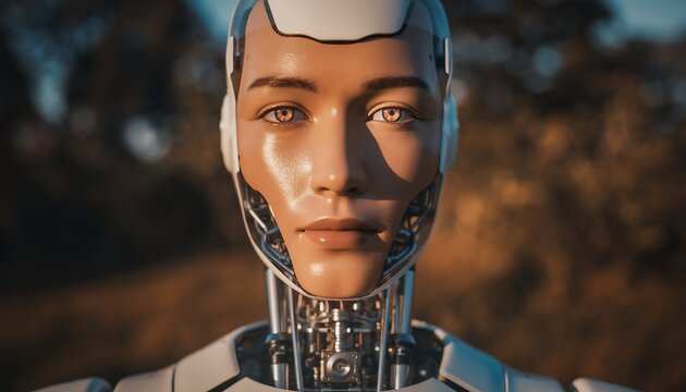 Detailed close-up portrait of a realistic humanoid robot's face with human-like skin texture, artificial intelligence and future technology - Powered by Adobe