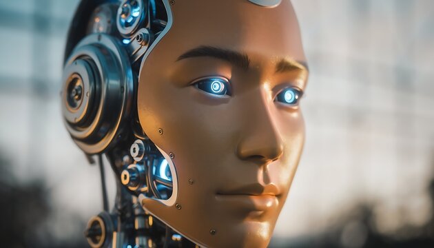 Detailed close-up portrait of a humanoid robot's face with mechanical details and glowing eyes, artificial intelligence and cybernetics
