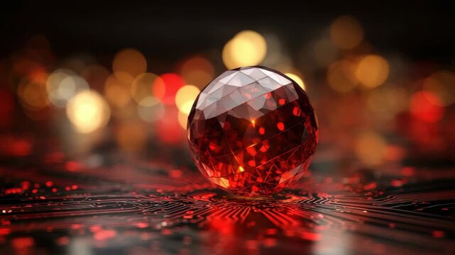 Detailed Red Faceted Sphere on a Shiny Circuit Board with Bokeh Lights Against a Black Backdrop Perfect for Adobe Stock Photo