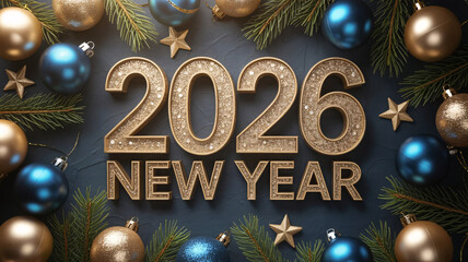 Golden 2026 new year text with festive ornaments and dark elegant holiday background