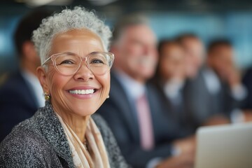 A diverse group of professionals in a modern office, smiling and engaged in conversation.