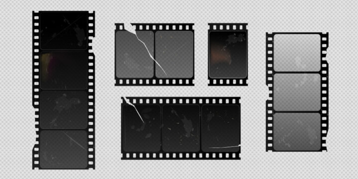 Film strip frame with vintage cinema reel texture - realistic photo negative roll with cracked borders. Retro movie filmstrip vector template of transparent 35mm camera tape for photography collage.