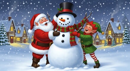 Fototapeta premium Festive illustration Santa elf joyfully building snowman in snowcovered village