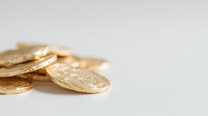 Stacked golden coins on a light surface showcasing shiny detail