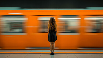 Woman standing on subway platform as orange train rushes by in urban setting