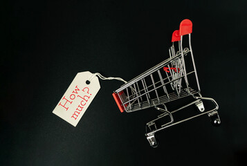 Shopping cart with price tag asking how much, symbolizing consumerism and retail inquiries