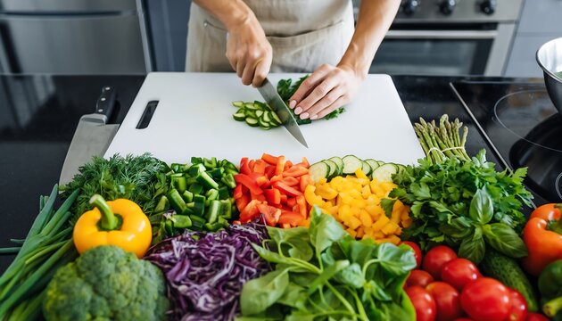 High-angle shot of hands preparing a vibrant, colorful, healthy salad with fresh chopped vegetables on a cutting board, cooking and nutrition