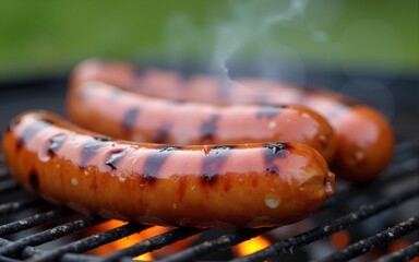 Juicy sausages sizzling on grill in backyard BBQ, delicious summer feast. High quality