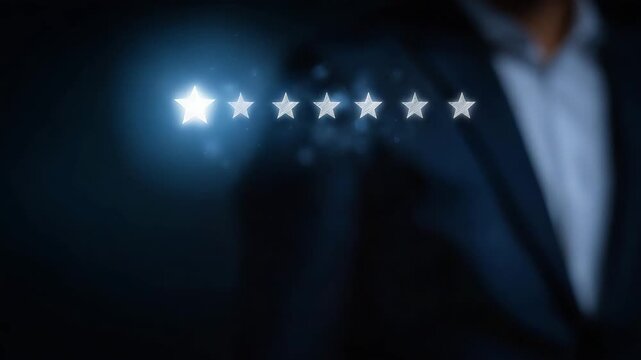 4k Hand of a corporate professional selecting the fifth star in a glowing review system, performance and excellence concept top rating concept, excellent service, user experience