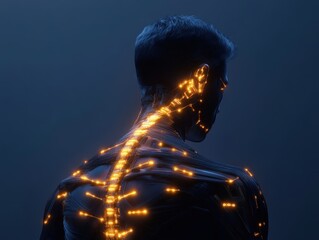 Futuristic portrayal of a human figure with glowing neural connections against a dark background