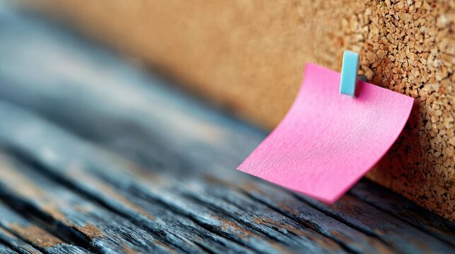 Close-up of a pink sticky note pinned to a corkboard, resting on a wooden surface. The note is held in place by a blue clip.
