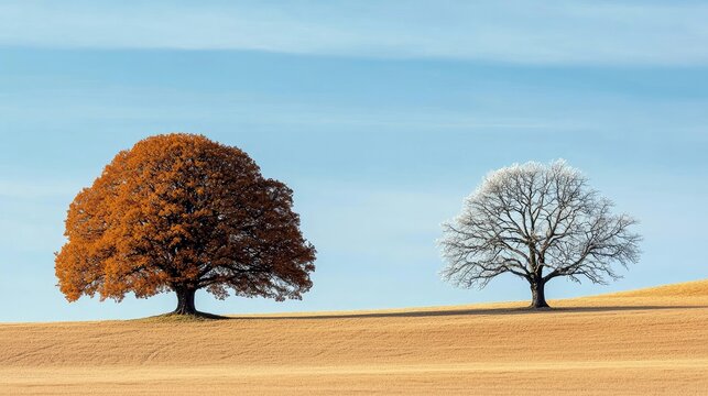 Two trees, one with orange leaves and the other bare, stand on a field under a clear blue sky, representing different seasons.