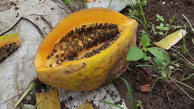 A papaya fruit that has rotted and split open, revealing the inside containing black seeds. The papaya is lying on the ground.