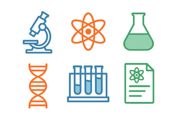 Glowing science icons: microscope, atom, flask, dna, test tubes, document