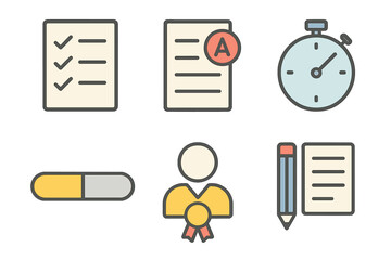 Educational icons featuring checklist, graded paper, stopwatch, medal, pencil, document