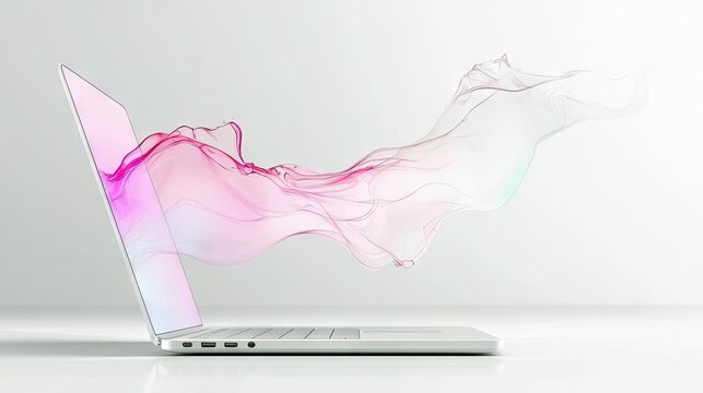 A modern laptop with a stylized, flowing design emerging from the screen against a clean white backdrop.