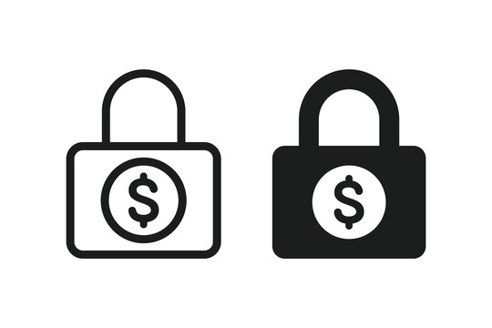 Lock dollar money icon. Dollar padlock security icon. Fixed income. Price stability and budget lock icons. Locked money icon