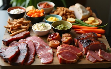 A hearty assortment of meats, sides, and snacks arranged beautifully on a table, ideal for gatherings that celebrate togetherness and comfort in food-sharing experiences. High quality