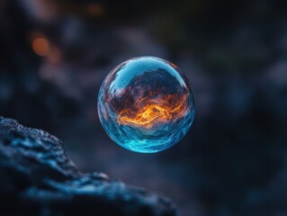 Floating bubble reflects vibrant colors of light while resting on a textured surface at dusk with a dreamy atmosphere