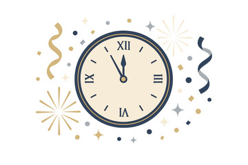 Midnight countdown: festive clock with roman numerals and party decorations