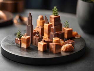 Creative cityscape made of chocolate and confections displayed on a dark stone plate in a modern setting