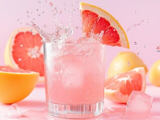 Refreshing pink grapefruit drink with splash effect and citrus slices on a pastel background