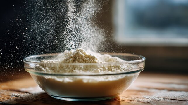Macro shot of dry pancake mix entering liquid to form batter in a cozy home kitchen - Powered by Adobe
