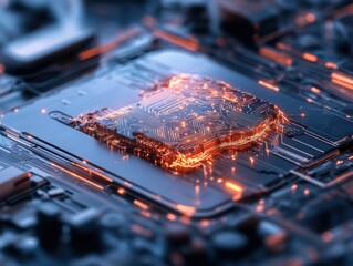 Futuristic circuit board with glowing chip in intricate electronic design at close range