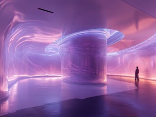 Modern art installation features glowing hues and fluid shapes in a spacious gallery