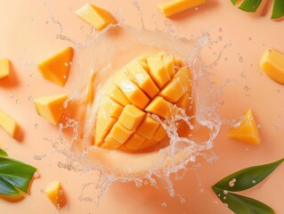 Fresh mango slices splash in water against a vibrant background
