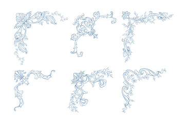 Vintage corner set. Baroque classic corner frames with hand drawn acanthus leaves and florals. Whimsical Victorian corners line art for wedding invitation decor, card, book cover, and save the date.
