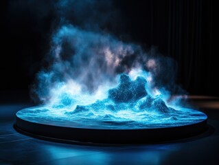 Futuristic art installation displaying glowing blue fog resembling ocean waves in a dark space