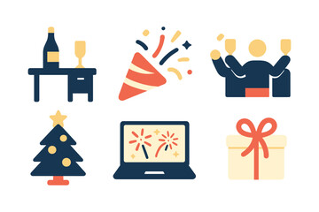 Fototapeta premium Festive celebrations: party icons featuring tree, gift, and more