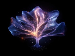 Cosmic tree with glowing branches and stars on a dark background