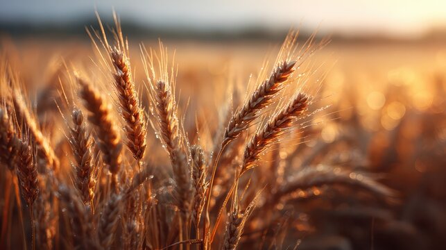Macro View: Wheat Heads Glowing in a Warm Field at Golden Hour