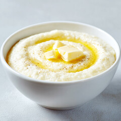 Creamy bowl of hot buttery grits topped with a melting pat of butter and a swirl of golden butter