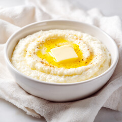 Creamy comforting bowl of hot grits topped with melting butter and a sprinkle of seasoning
