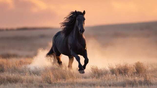 Majestic Friesian horse racing at golden hour with flowing mane