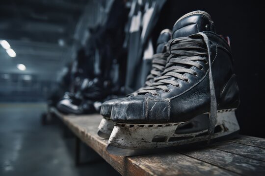 Male athlete's hockey skates resting on a wooden bench in a locker room, ready for practice - Powered by Adobe