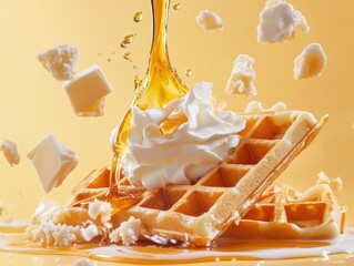 Delicious waffles topped with whipped cream and syrup falling on a bright yellow background in a cheerful breakfast scene