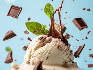 Delicious vanilla ice cream topped with chocolate sauce and mint leaves against a bright blue background