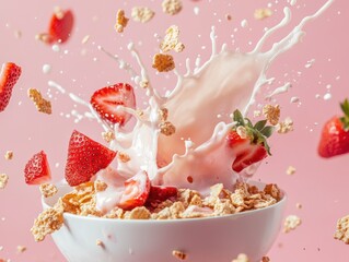 Delicious breakfast bowl with cereal, fresh strawberries, and milk splashing against a pink background