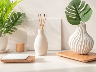 Modern home decor setup featuring decorative plants, vases, and plates on a clean surface with minimalistic design elements