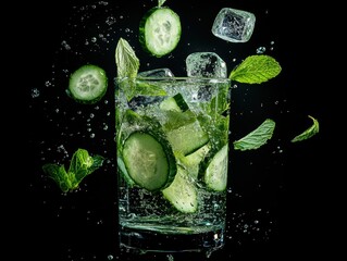 Refreshing cucumber mint drink splashes in a glass on a dark background