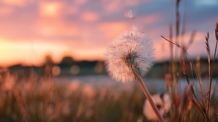 Meadow at Dusk with Dandelion Seed Dispersal: Soft Light, Warm Color, and Hope