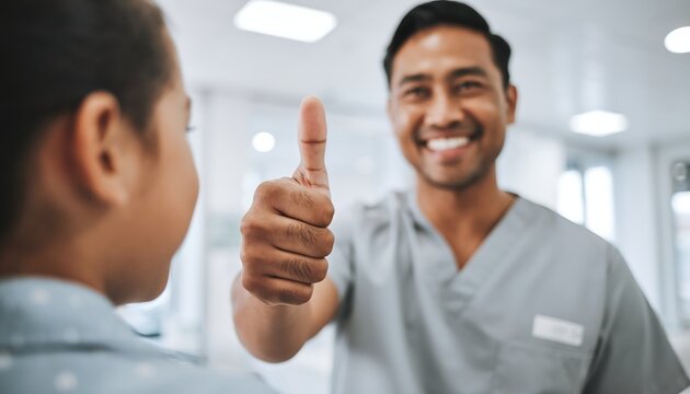 Close-up of a friendly pediatrician giving a cheerful "thumbs up" sign to an out-of-frame, smiling child in a medical setting.