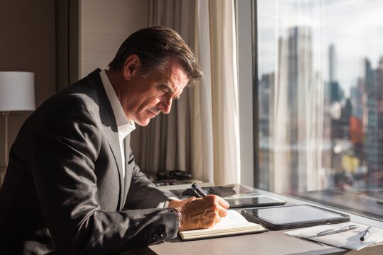 Mature businessman writing notes at a hotel room desk, morning light, focused and professional