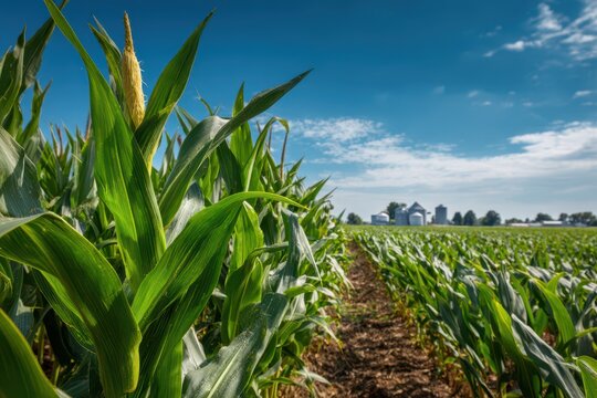 Maturing corn field with distant grain bins and farm buildings under a clear blue sky