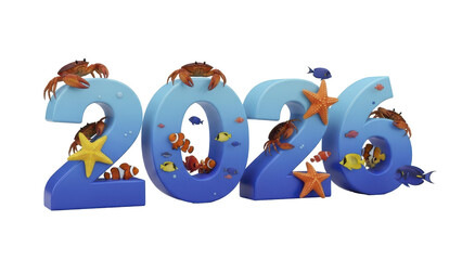 Underwater 2026 New Year celebration with vibrant marine life and ocean creatures in a playful blue numeral design, perfect for aquatic themes and future events and calendar designs