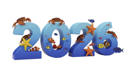 Underwater 2026 New Year celebration with vibrant marine life and ocean creatures in a playful blue numeral design, perfect for aquatic themes and future events and calendar designs